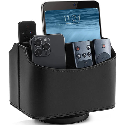 Remote control holder with 5 compartments, 360-degree spinning PU leather desk organizer in classic black.