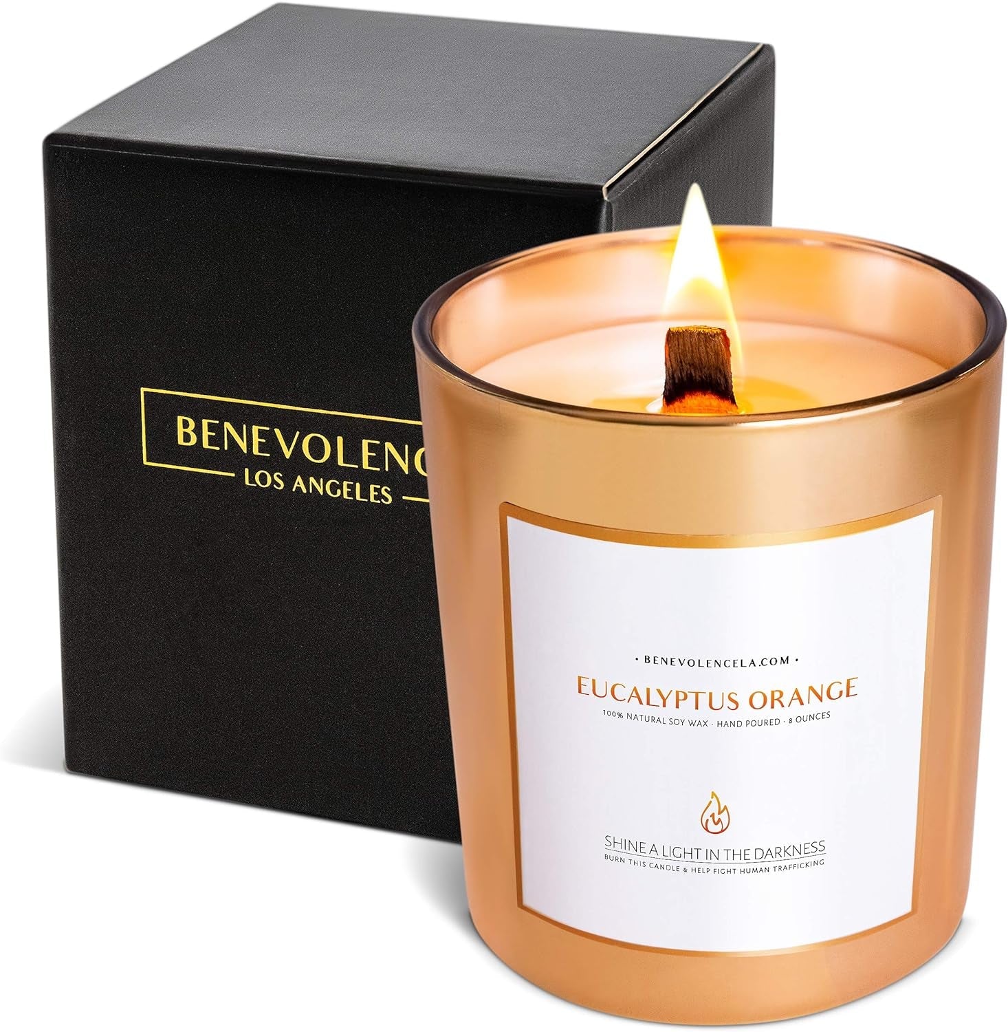 Benevolence eucalyptus orange soy candle with wood wick, elegant black box packaging.