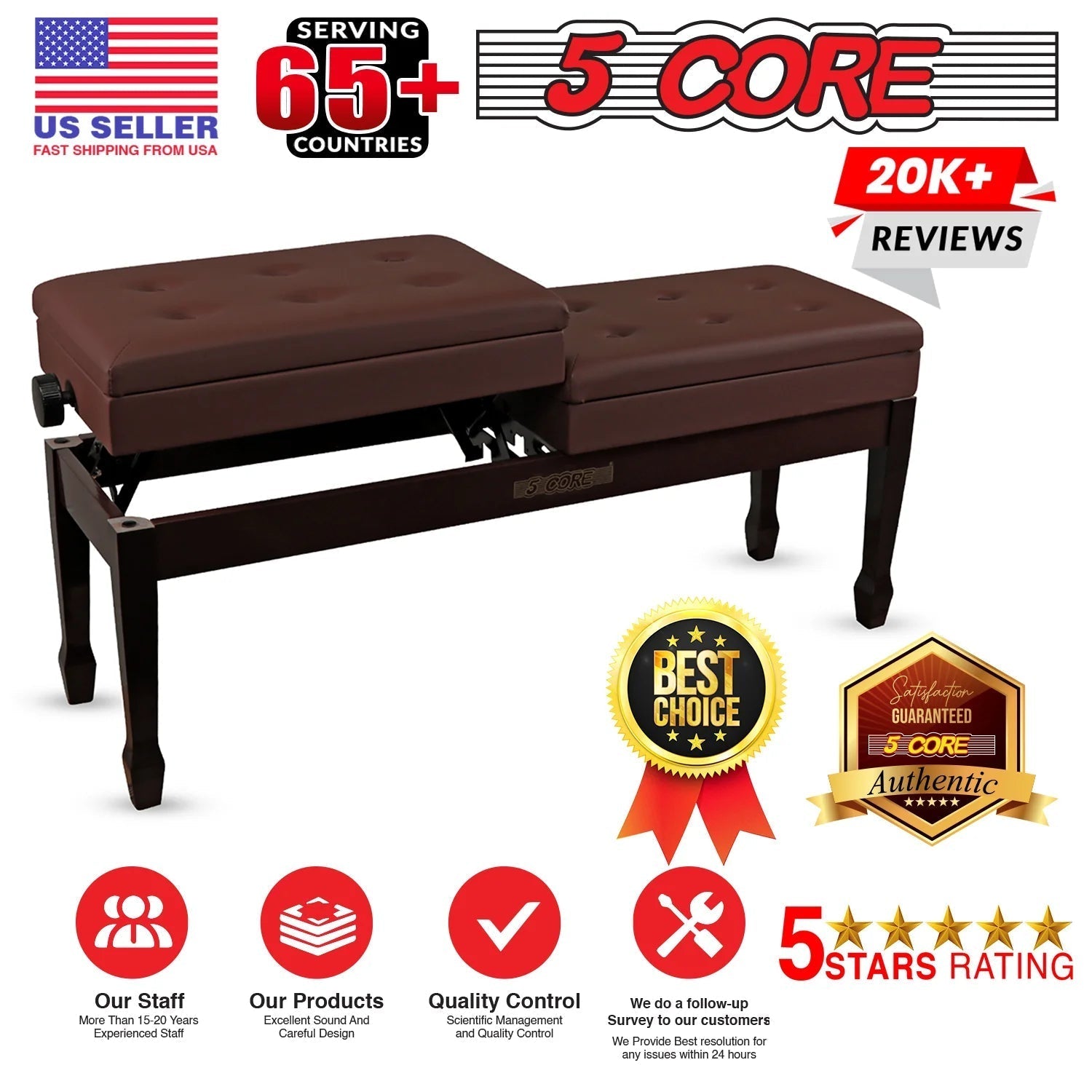 Wooden Adjustable Duet Piano Bench with Storage for Two