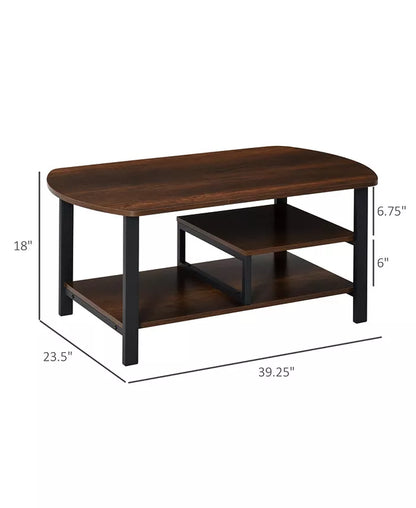 Vintage Industrial Coffee Table with Under-Top Storage Shelves and Rounded Corners, Dark Wood Color