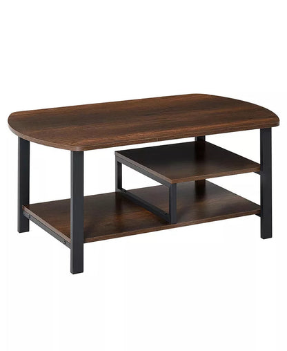 Vintage industrial coffee table with rounded corners and dark wood finish, featuring under-top storage shelves.