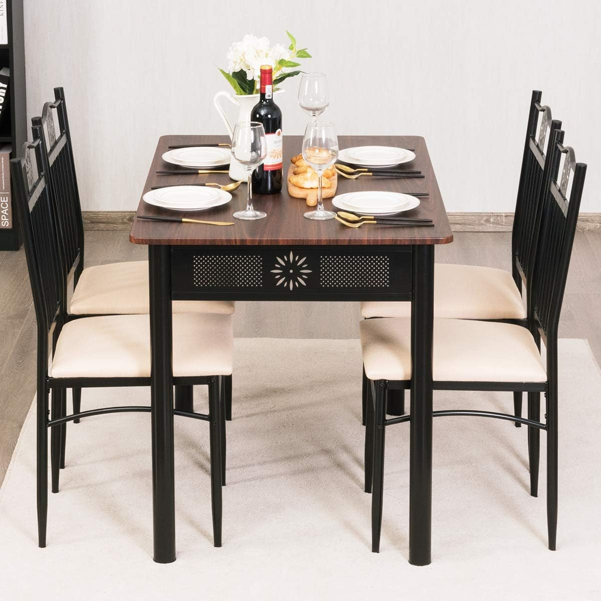 5 Piece Dining Table and Chairs Set Vintage Retro Wood Top Metal Frame Padded Seat Dining Table Set Home Kitchen Dining Room Furniture