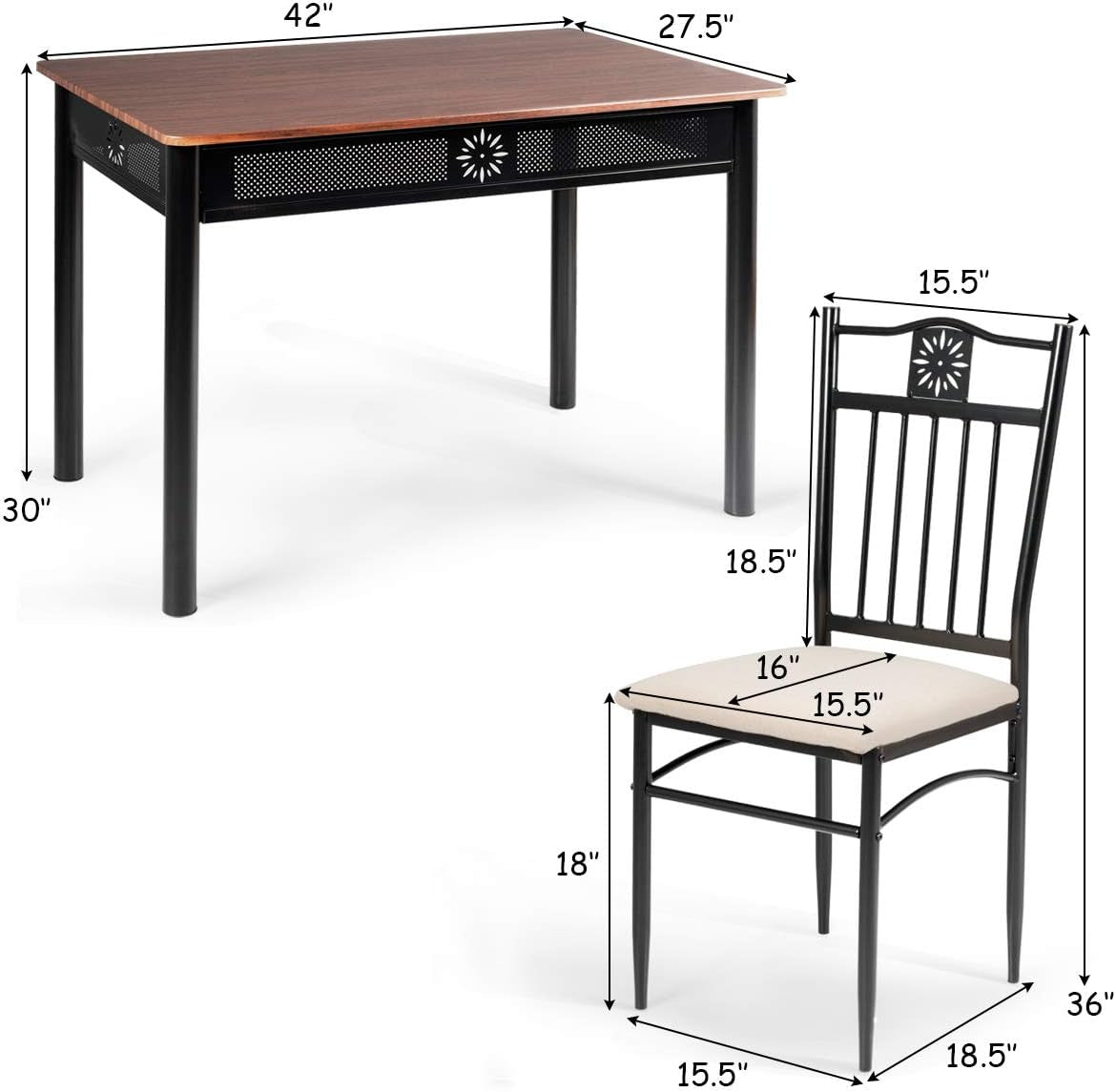 5 Piece Dining Table and Chairs Set Vintage Retro Wood Top Metal Frame Padded Seat Dining Table Set Home Kitchen Dining Room Furniture