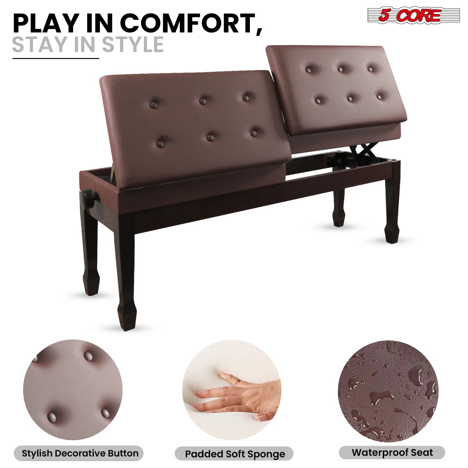 Wooden Adjustable Duet Piano Bench with Storage for Two