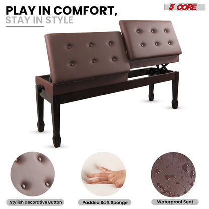 Wooden Adjustable Duet Piano Bench with Storage for Two