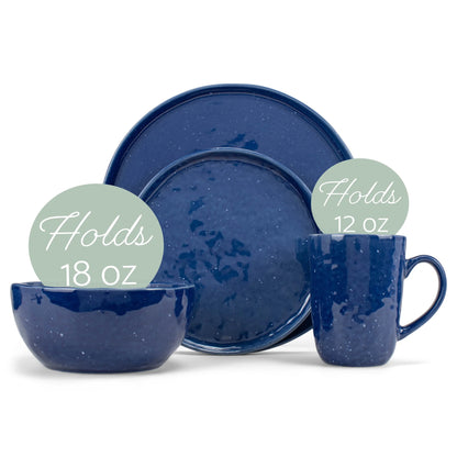 Shiny Speckled Ceramic Dinnerware 16 Piece Set - Service for 4, Blue