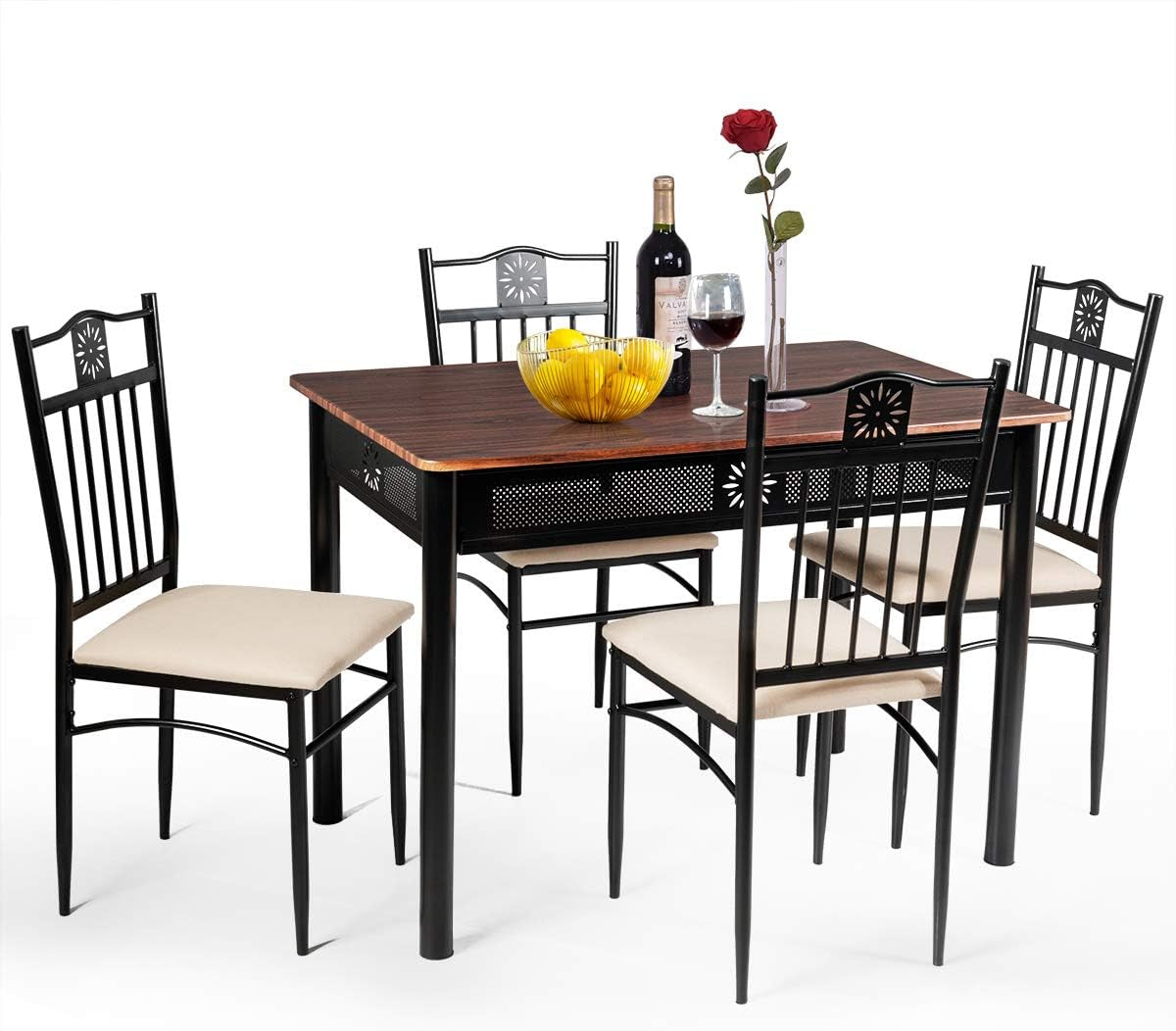 5 Piece vintage retro wood top metal frame dining table and chairs set with padded seats.