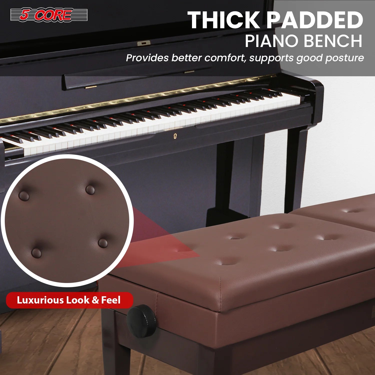 Wooden Adjustable Duet Piano Bench with Storage for Two