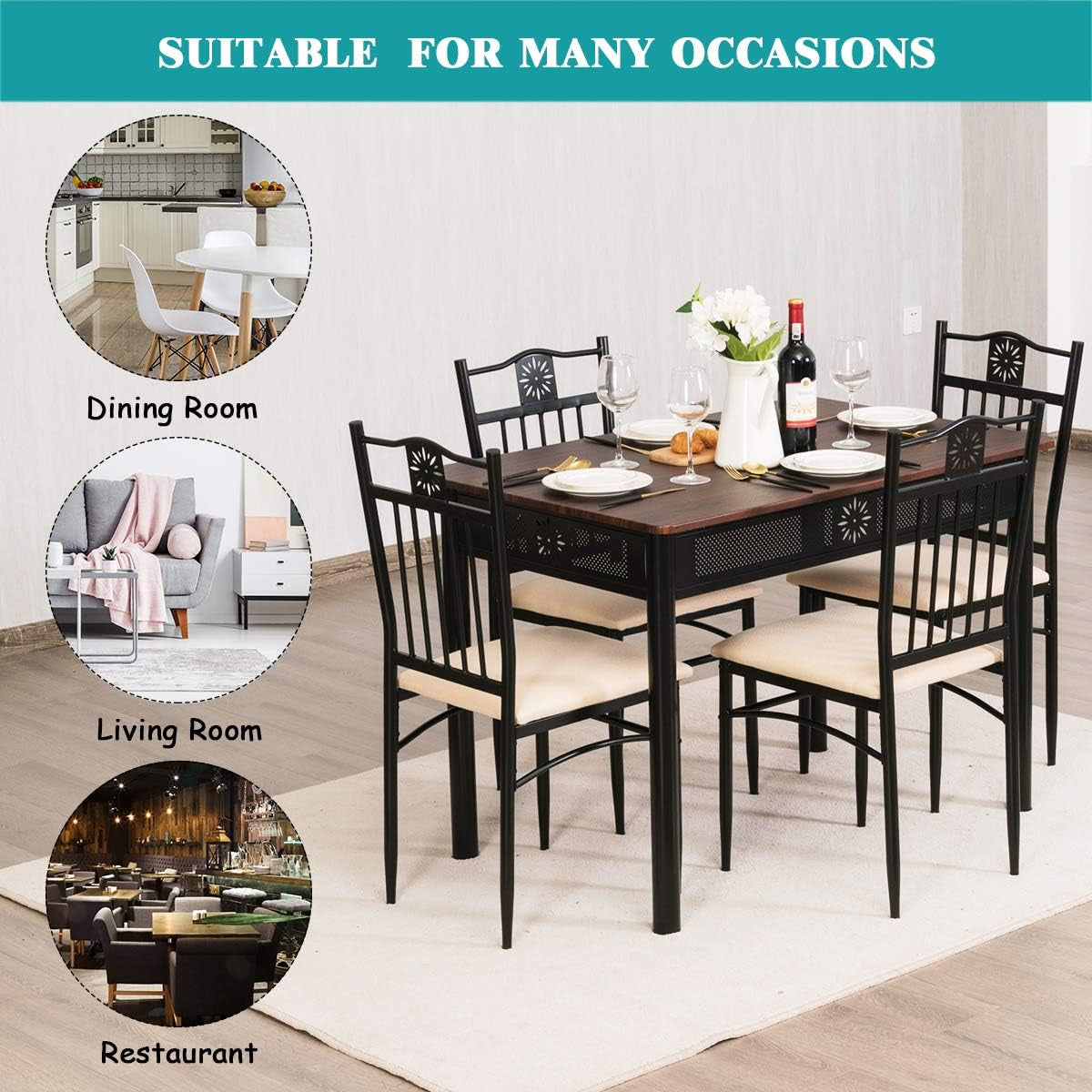 5 Piece Dining Table and Chairs Set Vintage Retro Wood Top Metal Frame Padded Seat Dining Table Set Home Kitchen Dining Room Furniture