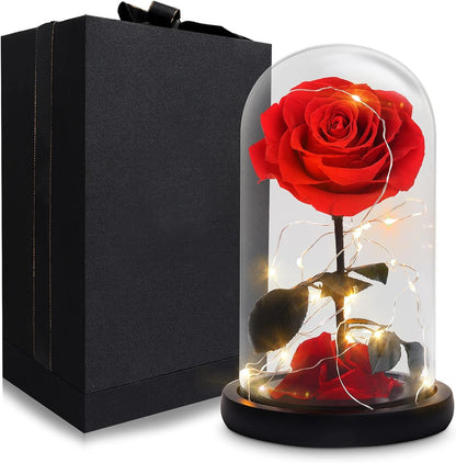 Beauty and The Beast handmade preserved rose with LED light in glass dome, ideal gift for special occasions.