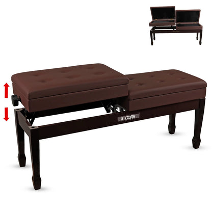Wooden adjustable duet piano bench with storage, brown color, thick padded cushioned seat, ideal for two pianists.