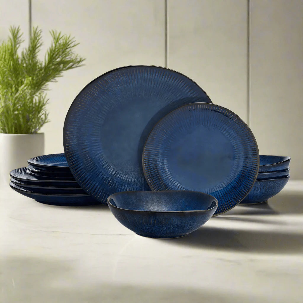 Racheal 12 Piece Dinnerware Set with blue reactive glaze, service for 4.