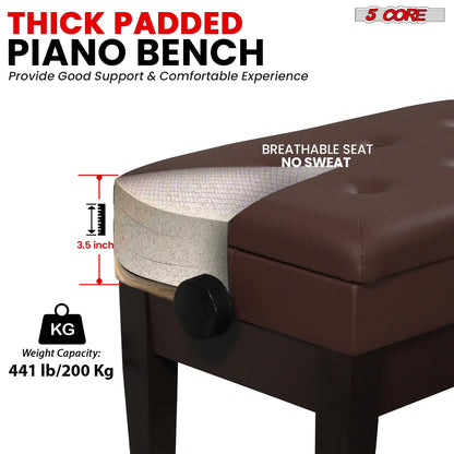 Wooden Adjustable Duet Piano Bench with Storage for Two