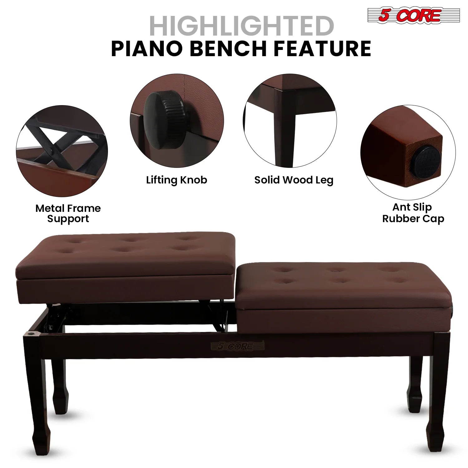 Wooden Adjustable Duet Piano Bench with Storage for Two