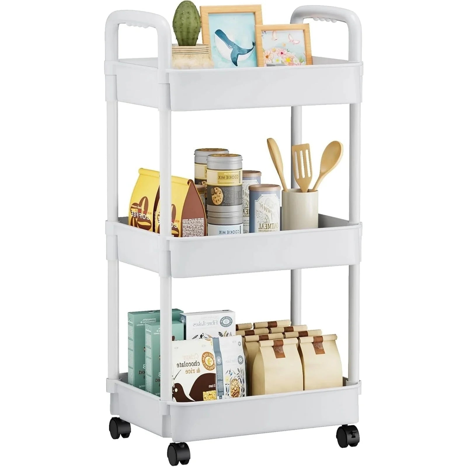 Rolling storage cart with 3 plastic drawers, metal frame, and wheels; ideal for organizing various items like toys, art supplies, and kitchen necessities.