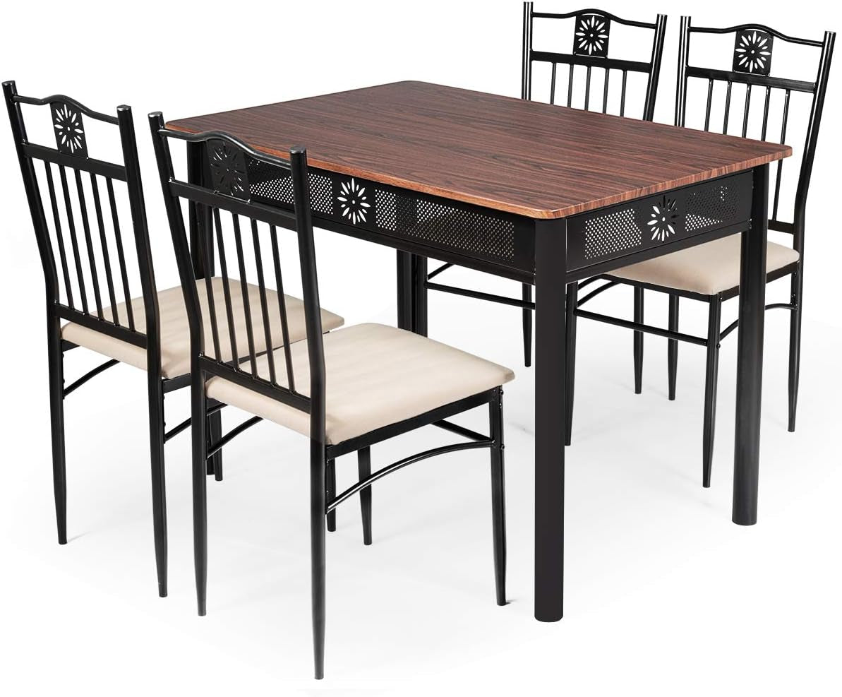 5 Piece Dining Table and Chairs Set Vintage Retro Wood Top Metal Frame Padded Seat Dining Table Set Home Kitchen Dining Room Furniture