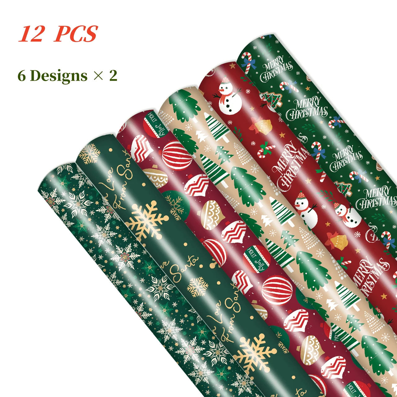 12 Pieces Christmas Wrapping Paper, 6 Patterns, Eco-Friendly, 50x70cm