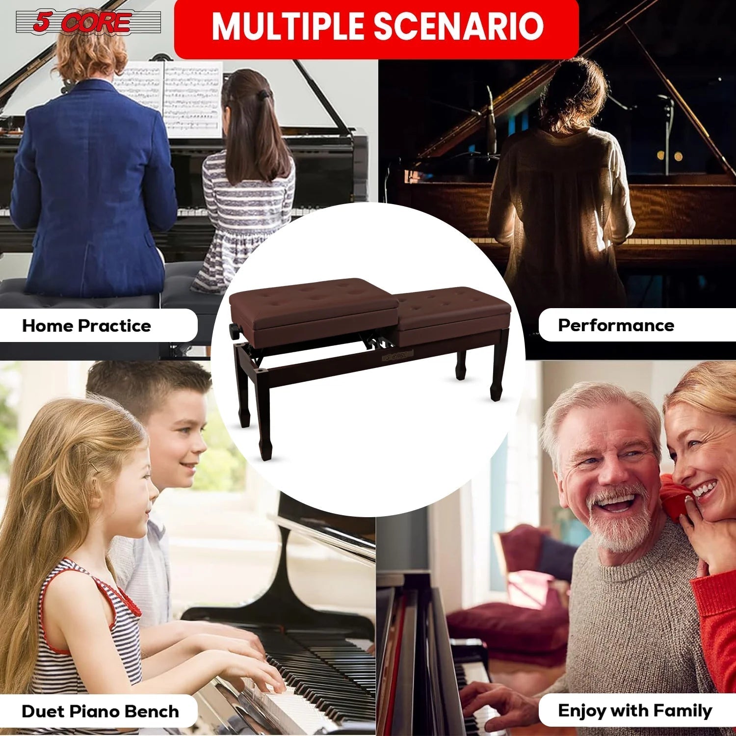 Wooden Adjustable Duet Piano Bench with Storage for Two