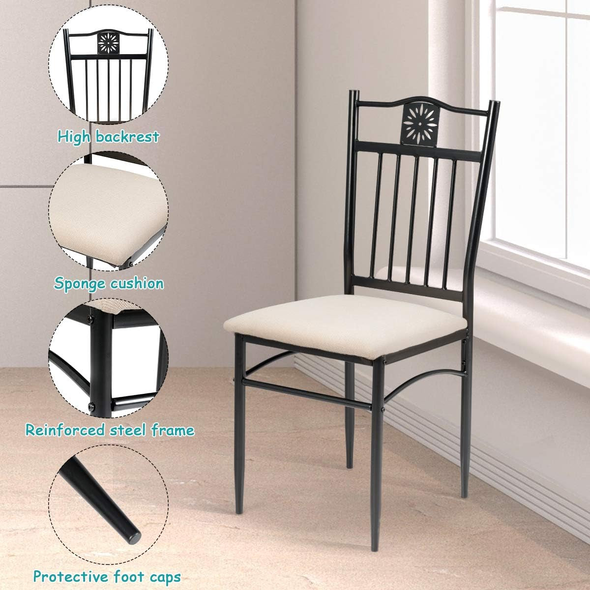 5 Piece Dining Table and Chairs Set Vintage Retro Wood Top Metal Frame Padded Seat Dining Table Set Home Kitchen Dining Room Furniture
