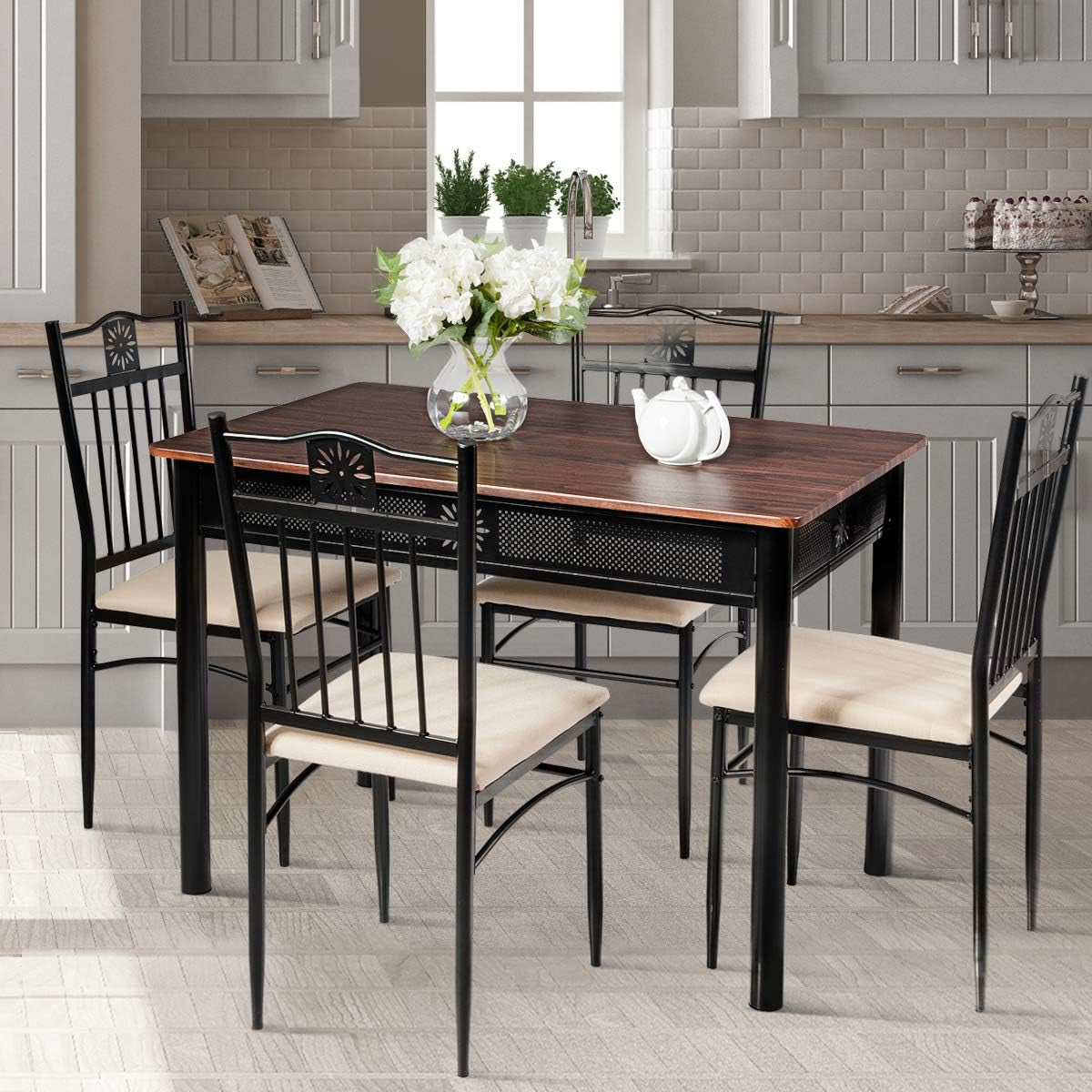 5 Piece Dining Table and Chairs Set Vintage Retro Wood Top Metal Frame Padded Seat Dining Table Set Home Kitchen Dining Room Furniture