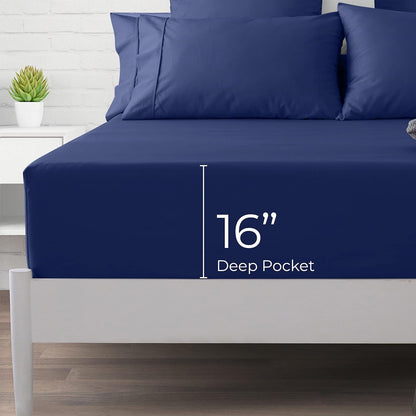 1000 thread count Egyptian cotton navy blue twin fitted sheet with 16-inch deep pocket, soft sateen weave.