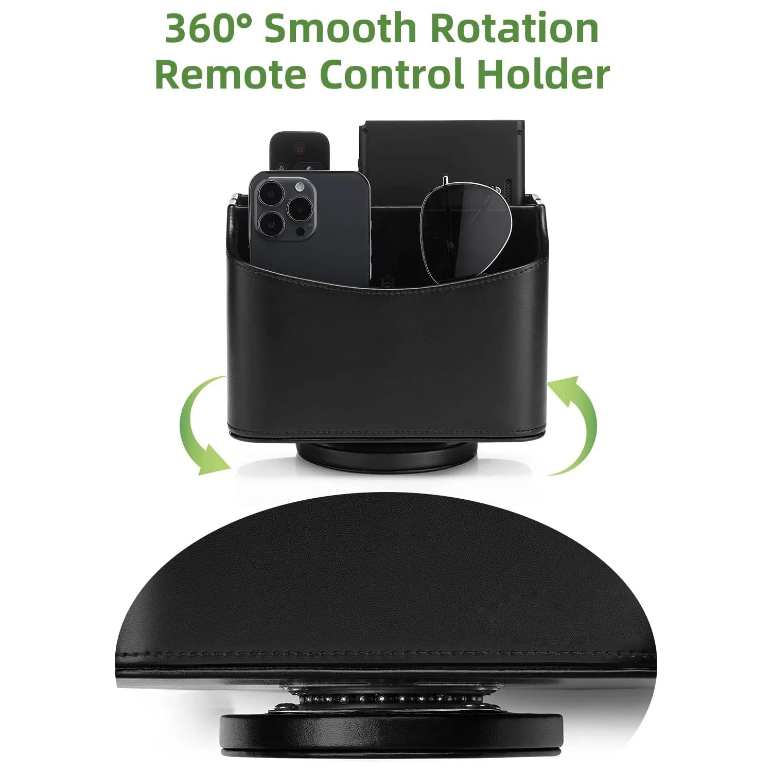 Remote Control Holder, 360 Degree Spinning, PU Leather Desk Organizer, 5 Compartments Storage (Classic Black)