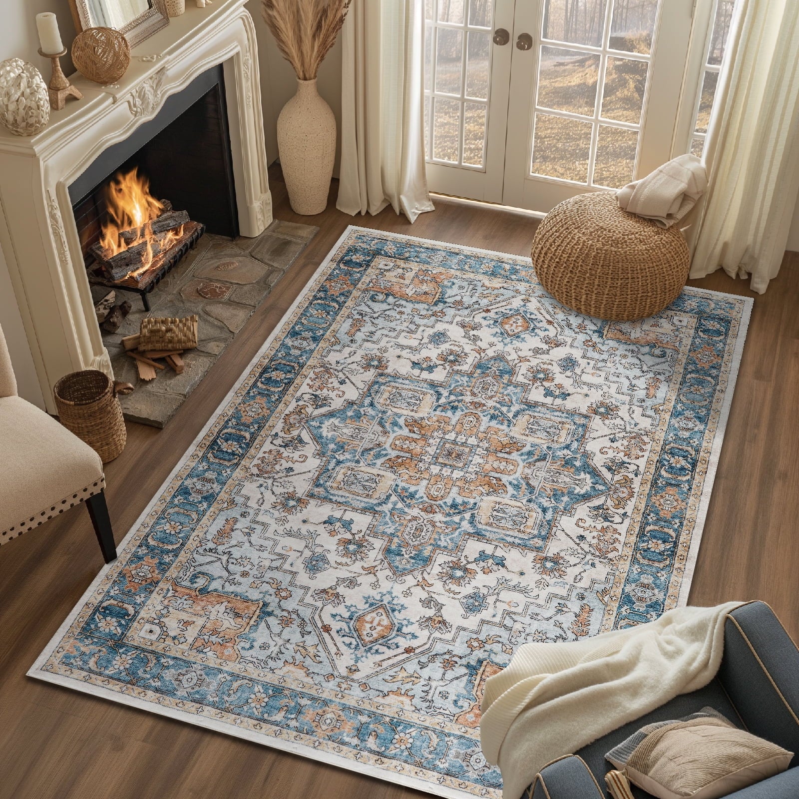 Area Rug 4X6 Blue Traditional Carpet with Oriental Medallion Pattern in Living Room Setting