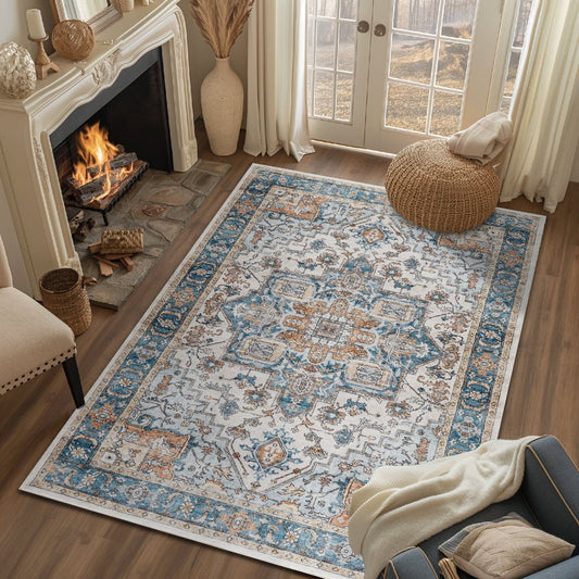 Area Rug 4X6 Blue Traditional Carpet with Oriental Medallion Pattern in Living Room Setting