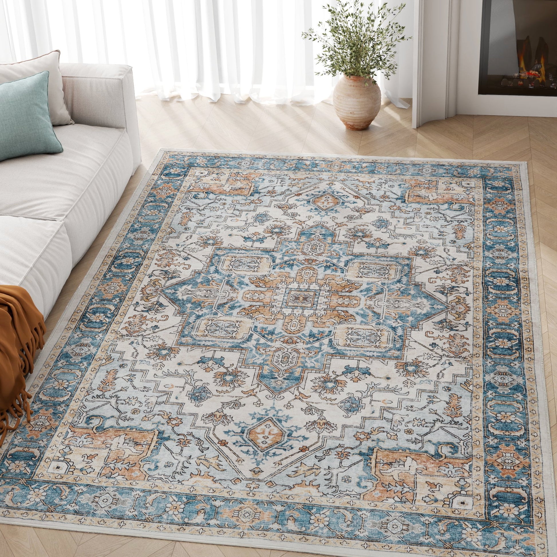 Area Rug 4X6 Blue Traditional Carpet, Oriental Medallion Pattern Non Slip Indoor Rug for Living Room Bedroom