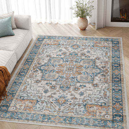 Area Rug 4X6 Blue Traditional Carpet, Oriental Medallion Pattern Non Slip Indoor Rug for Living Room Bedroom